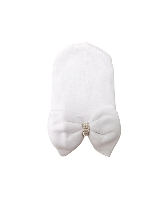 Olivia White Pearl Bow Beanie