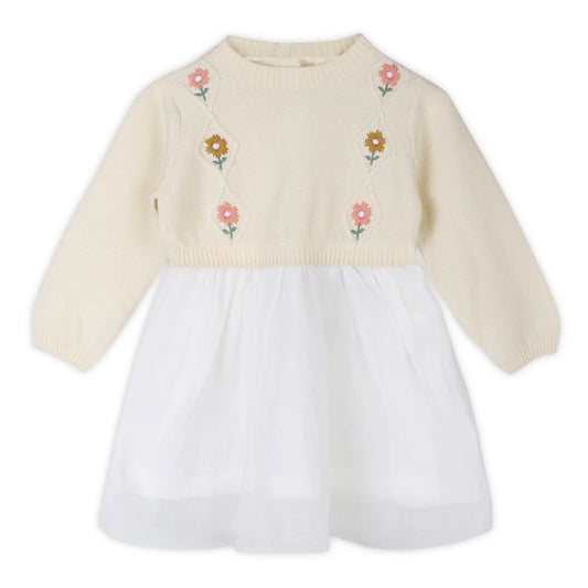 Floral Embroidered Cable Knit Tutu Baby Dress (Organic Cotton)