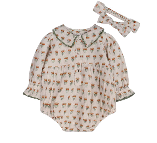 Nira Block Print Floral Baby Romper & Headband Set