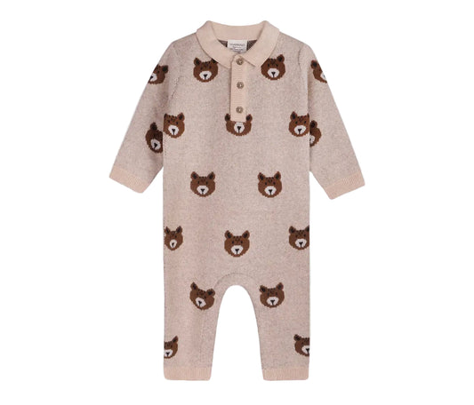 Brown Bear Jacquard Sweater Knit Baby Jumpsuit