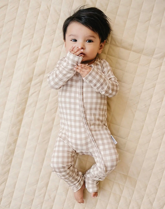 Bamboo Zip Romper | Beige Gingham