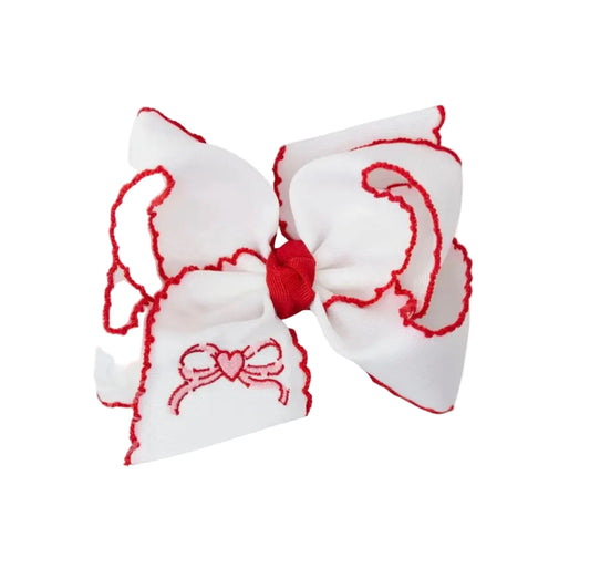 Embroidered Crochet Edge Heart Bow - Red 4.5”