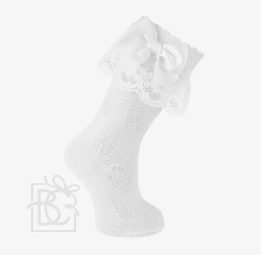 Scottish Yarn Ruffle and Bow Kneehigh Socks - White