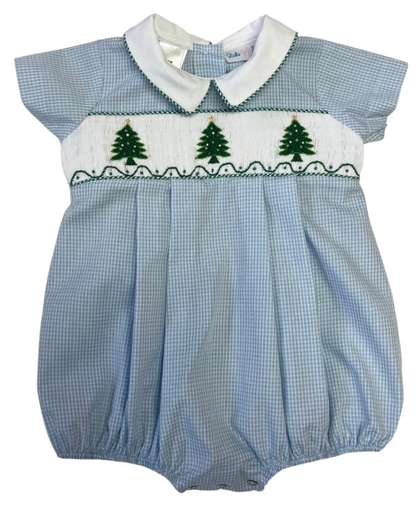 Blue Christmas Tree Smocked Bubble