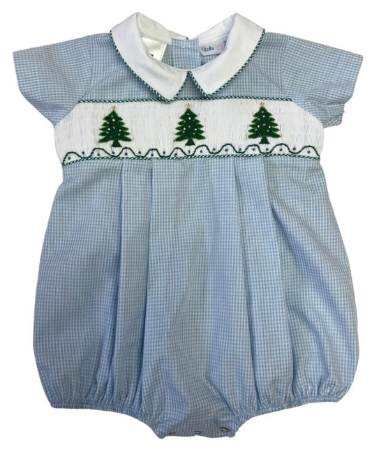 Blue Christmas Tree Smocked Bubble