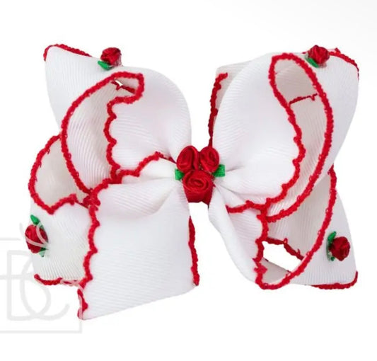 Flower Embellished Crochet Edge Bow Red