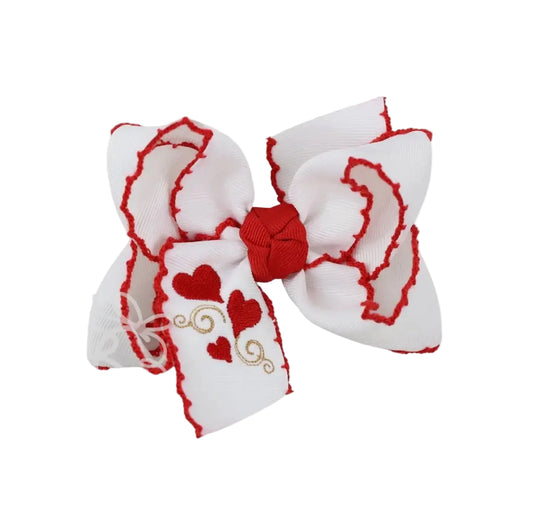 Red Embroidered Crochet Edge Heart Bow - 4.5”