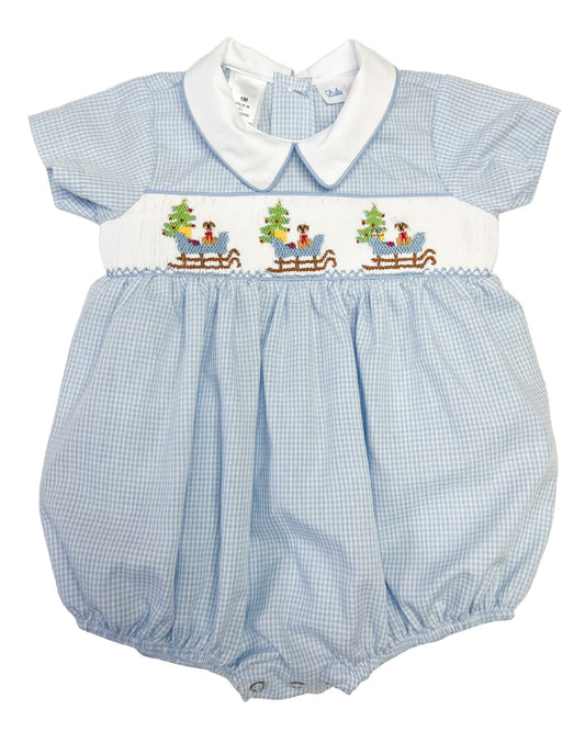 Boys Santa's Sleigh Smocked Collared Bubble