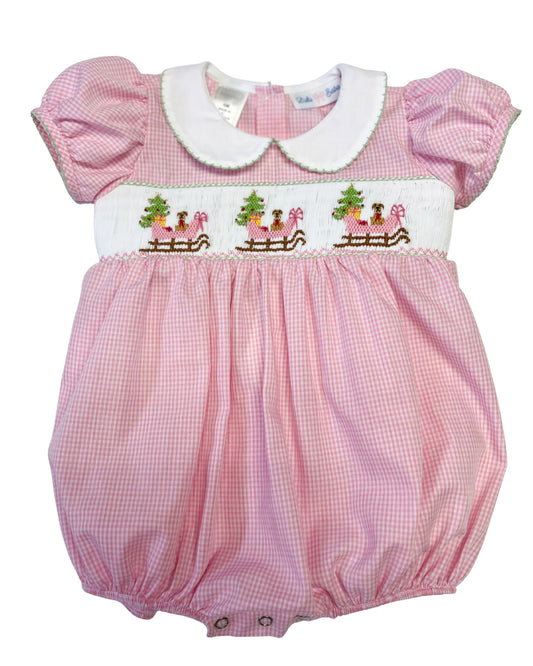 Girl's Santa Sleigh Smocked Collared Bubble
