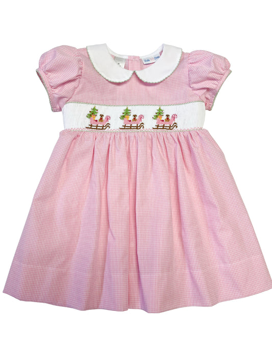 Girl's Santa's Sleigh Smocked Collared Dress