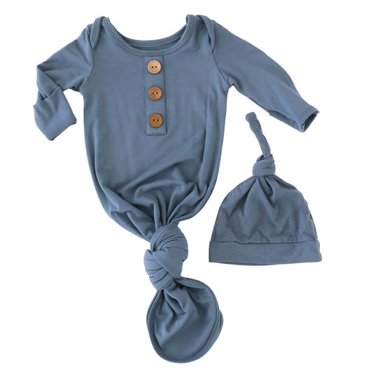 Dark Dusty Blue- Knot Gown & Hat Set NB