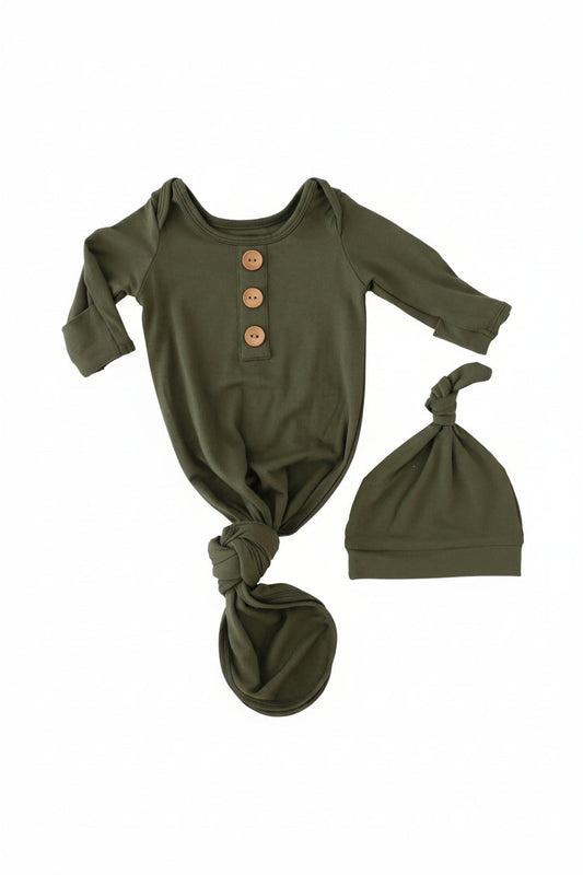 Olive- Baby Knot Gown & Hat Set NB