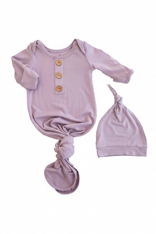 Dusty Purple- Knotted Gown & Hat Set NB