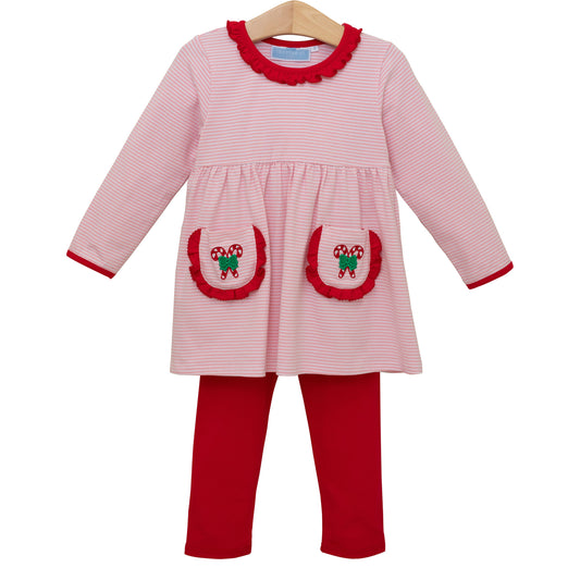 Girls Candy Cane Embroidery Ruffle Pants Set