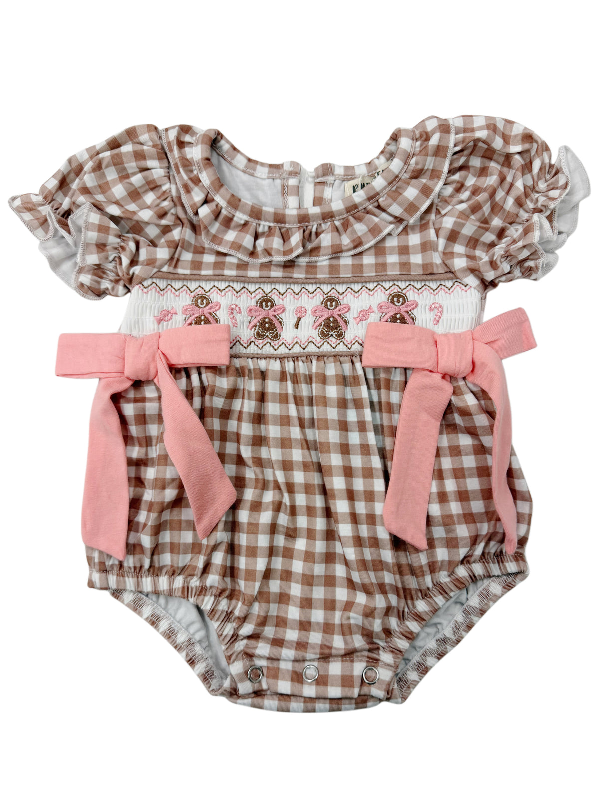 Christmas Vintage-Style Plaid Embroidered Gingerbread and Bows Girls Romper