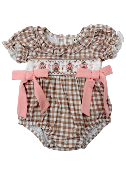 Christmas Vintage-Style Plaid Embroidered Gingerbread and Bows Girls Romper