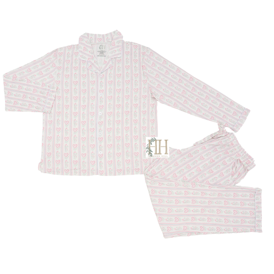 Womens Floral Heart Button Down Loungewear Set