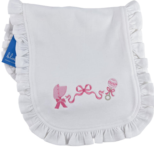 Bonnet, Bowc Rattle Embroidery Ruffle Burp Cloth