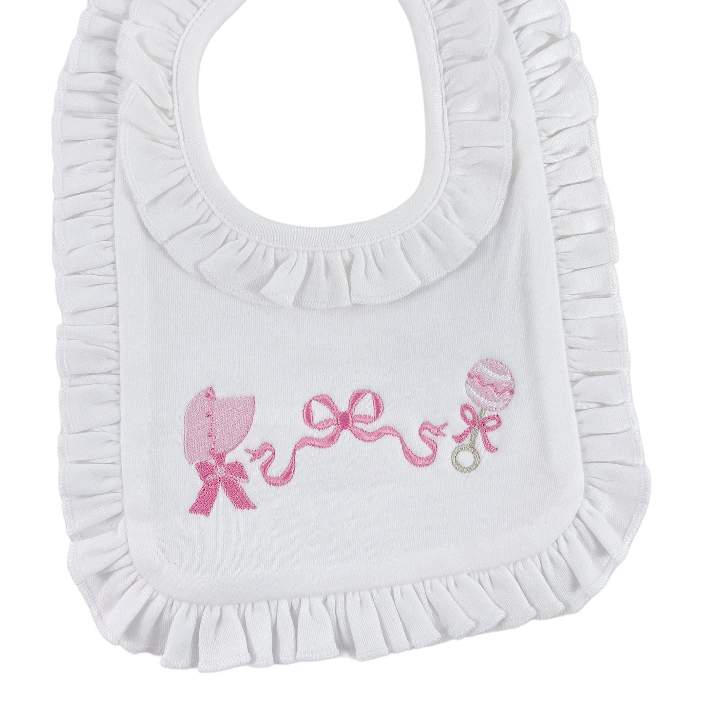 Bonnet, Bow & Rattle Ruffle Bib