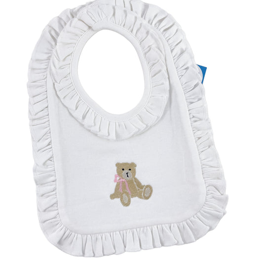 Bear Embroidery - White Ruffle Bib