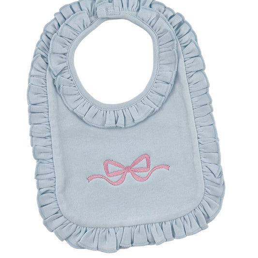 Bow Embroidery - Baby Blue Ruffle Bib