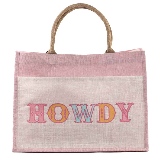 Howdy Friends Jute Pocket Tote Pink/Multi