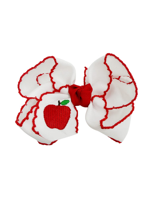 Embroidered Apple on Crochet Edge Bow - 4.5"