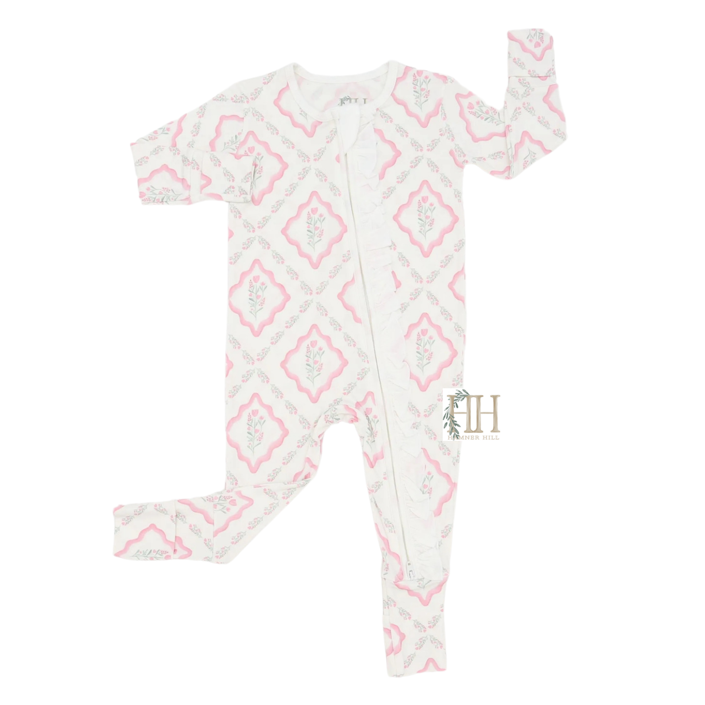 Girls Diamond Floral Ruffle Double Zipper Romper