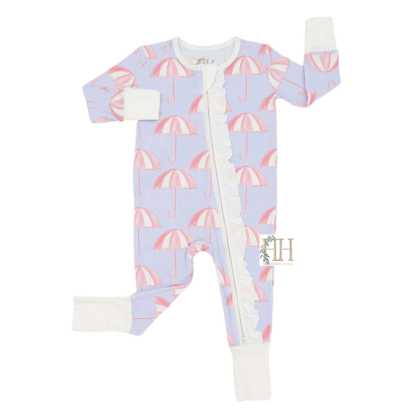 Girls Purple Umbrella Ruffle Double Zipper Romper