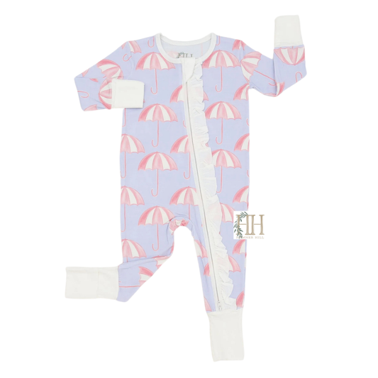 Girls Purple Umbrella Ruffle Double Zipper Romper