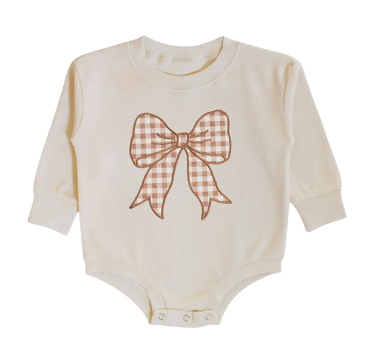 Gingham Bow Patch Long Sleeve Romper