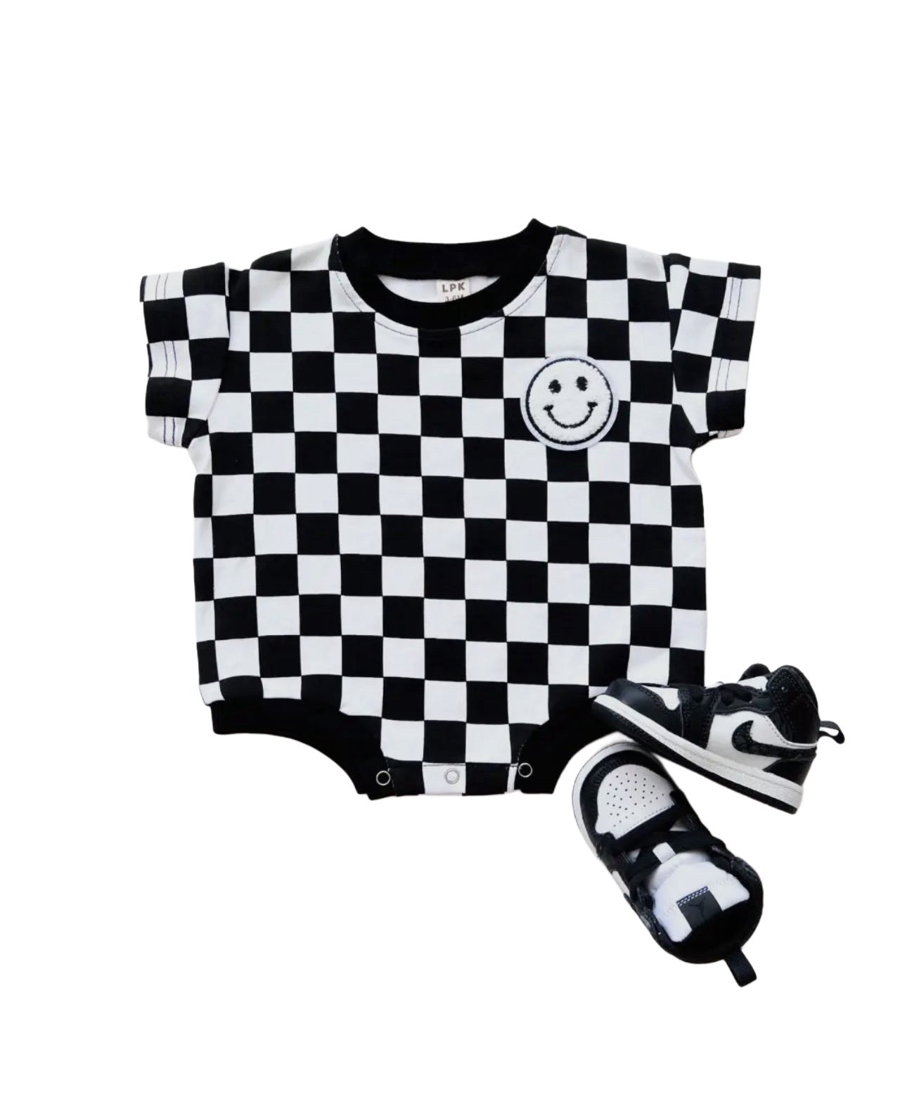 Black Smiley Checkered Bubble Romper