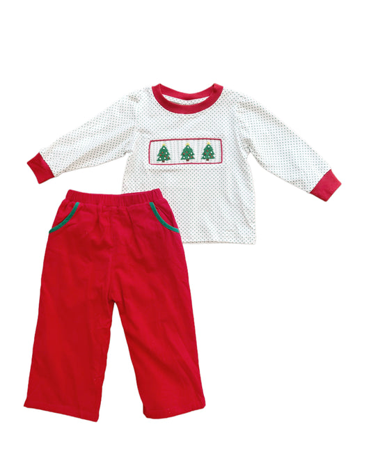 Boys Green Bitty Dot Smocked Christmas Trees Pant Set