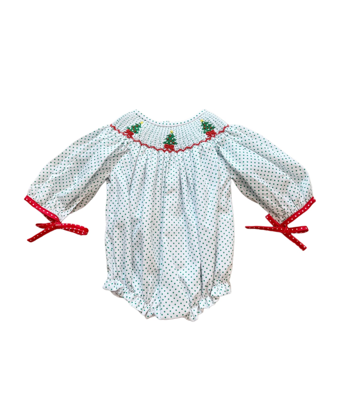 Girls Green Bitty Dot Smocked Christmas Trees Bubble