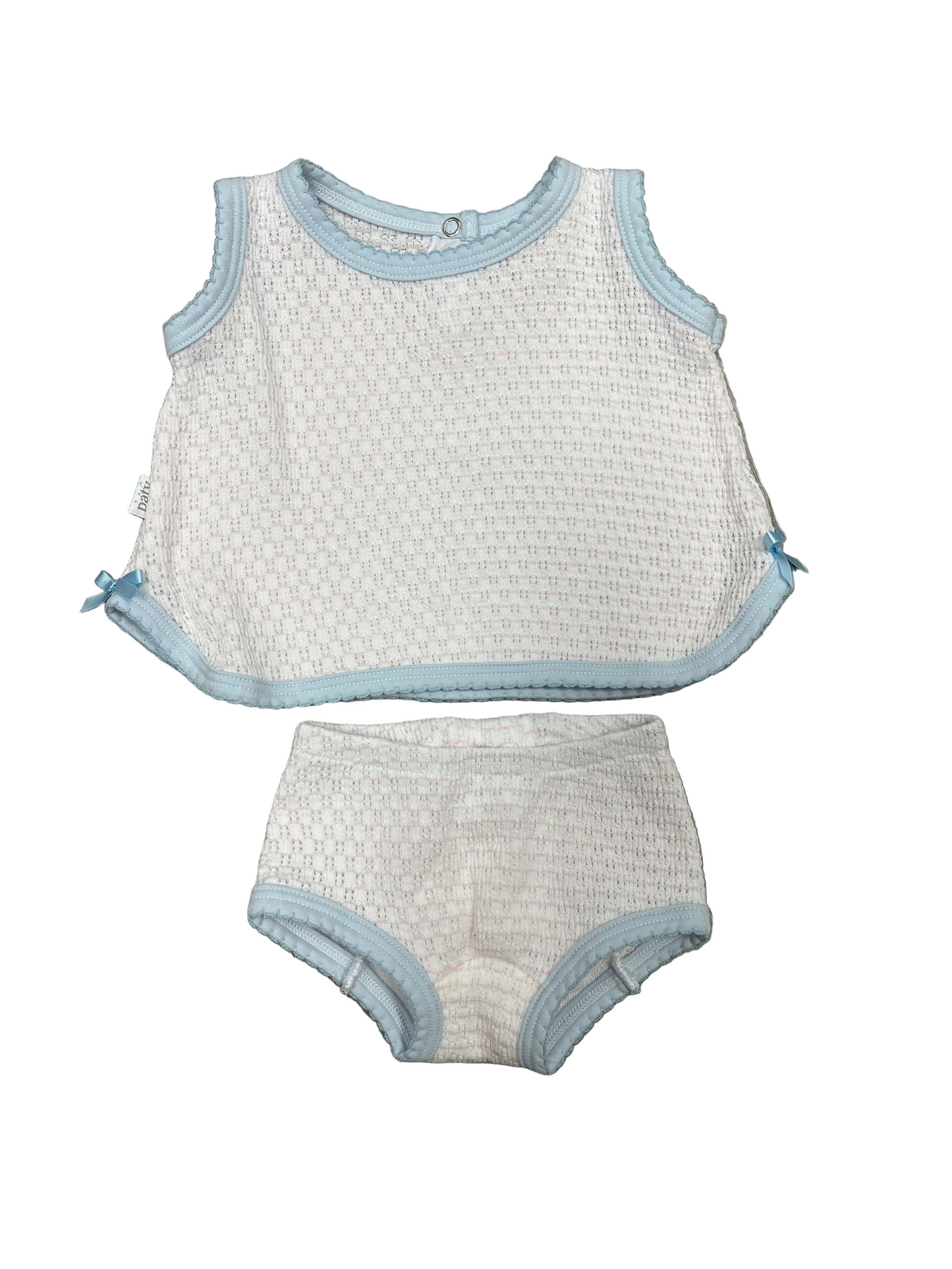 Sleeveless Knit Diaper Set Pink Pinstripe with Blue Trim