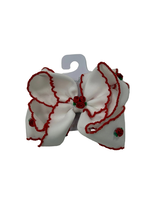 Flower Embellished Crochet Edge Bow Red
