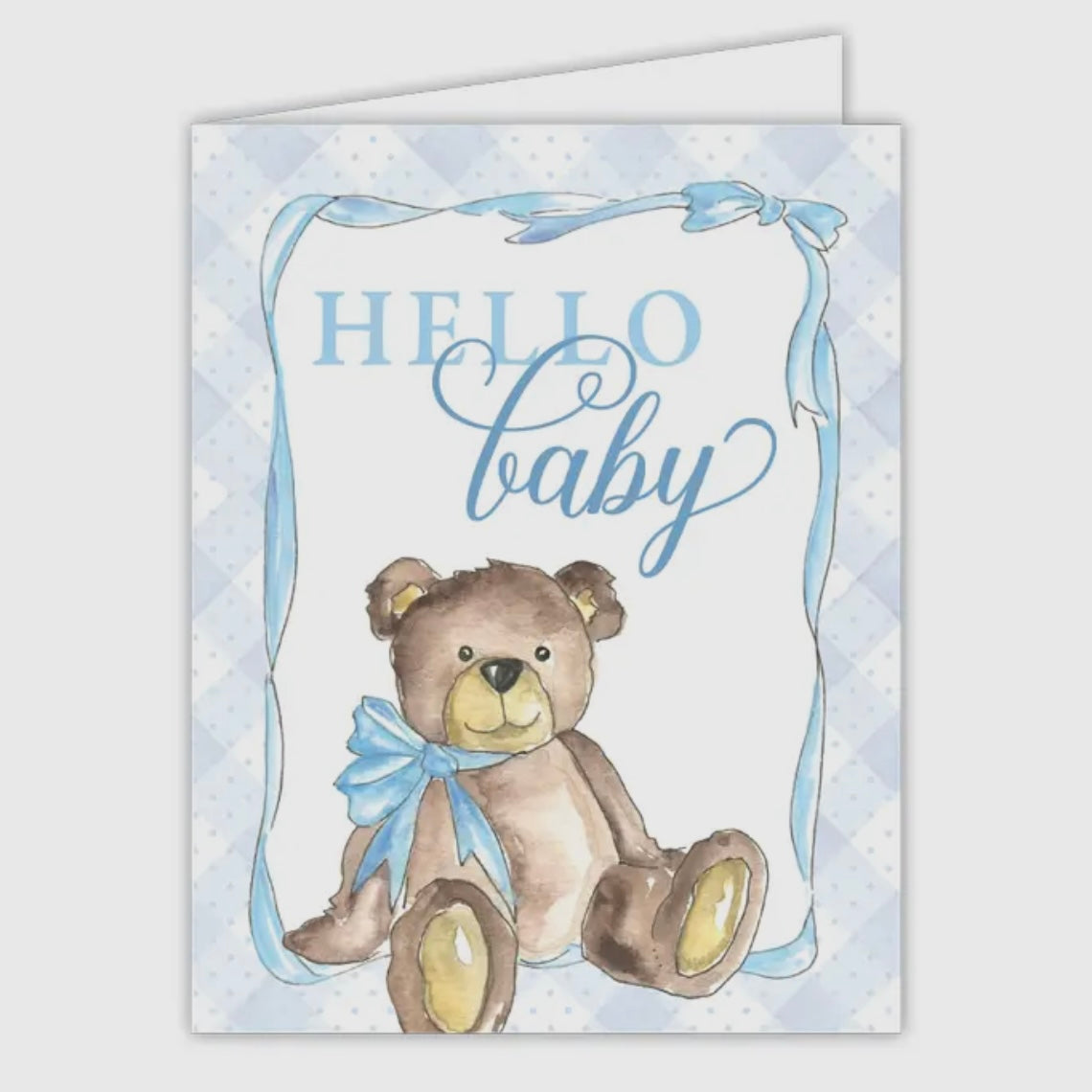 Hello Baby Teddy Bear with Blue Bow Greeting Card