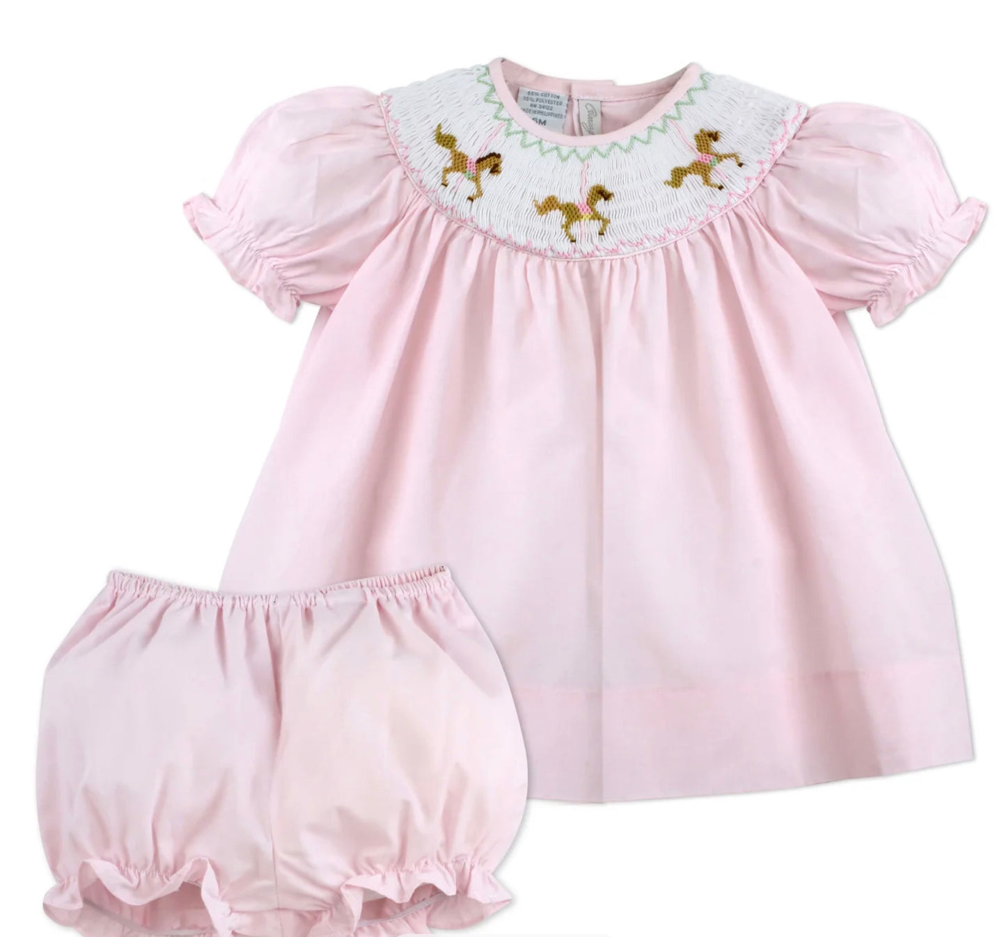 Hand Smocked Horses Pink Baby Girl Bishop Dress