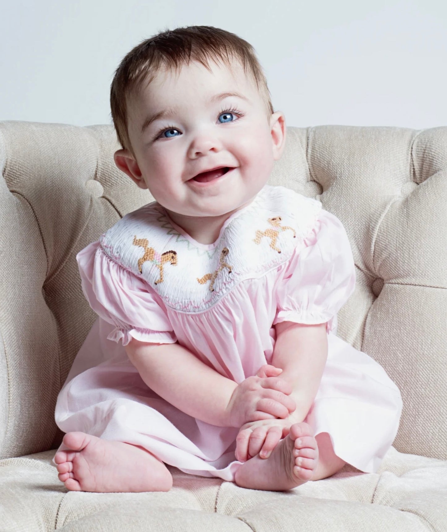 Hand Smocked Horses Pink Baby Girl Bishop Dress