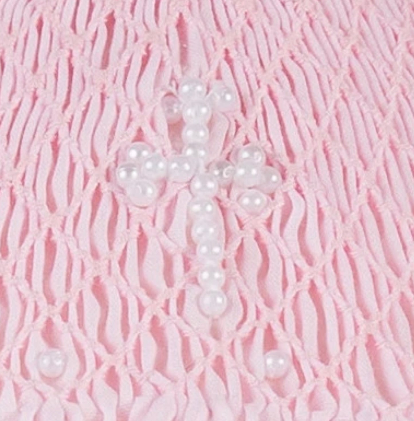 Pink Hand Smocked Pearl Cross Baby Girl Christening Bishop Dress with Bonnet