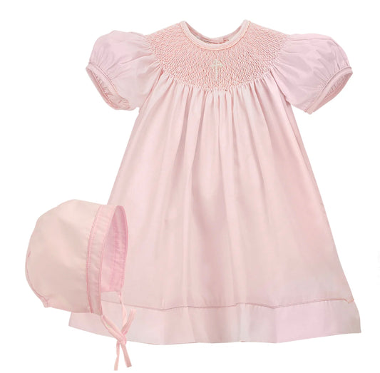 Pink Hand Smocked Pearl Cross Baby Girl Christening Bishop Dress with Bonnet