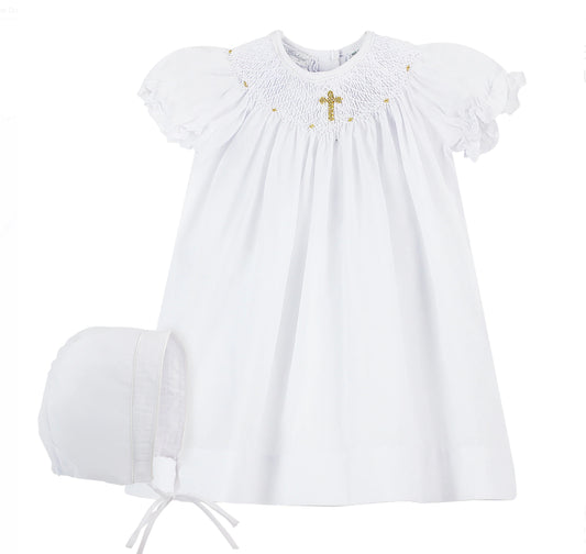 Baby Girls Christening & Baptism Smocked Gold Cross Bishop Dress with Bonnet