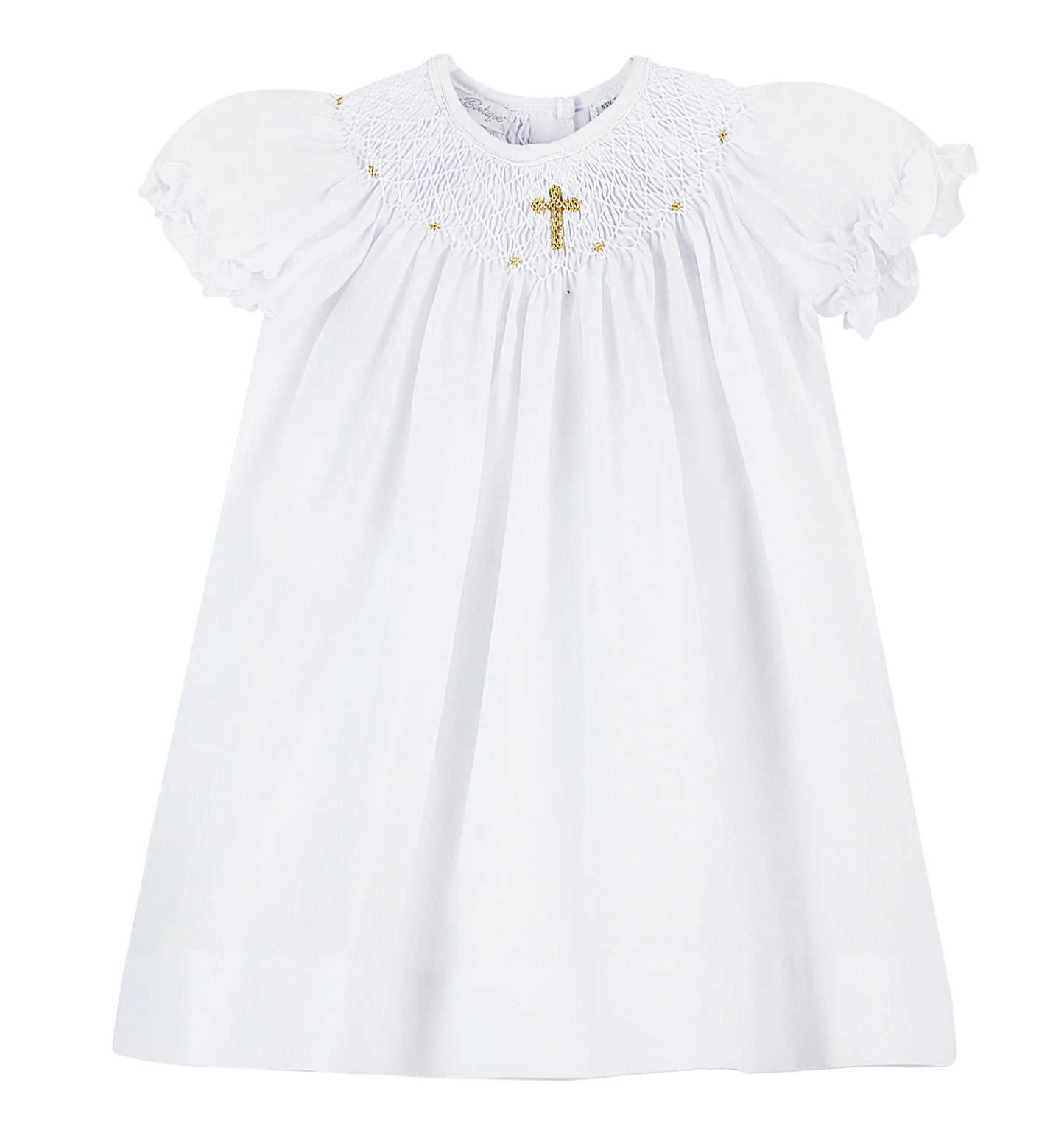 Baby Girls Christening & Baptism Smocked Gold Cross Bishop Dress with Bonnet