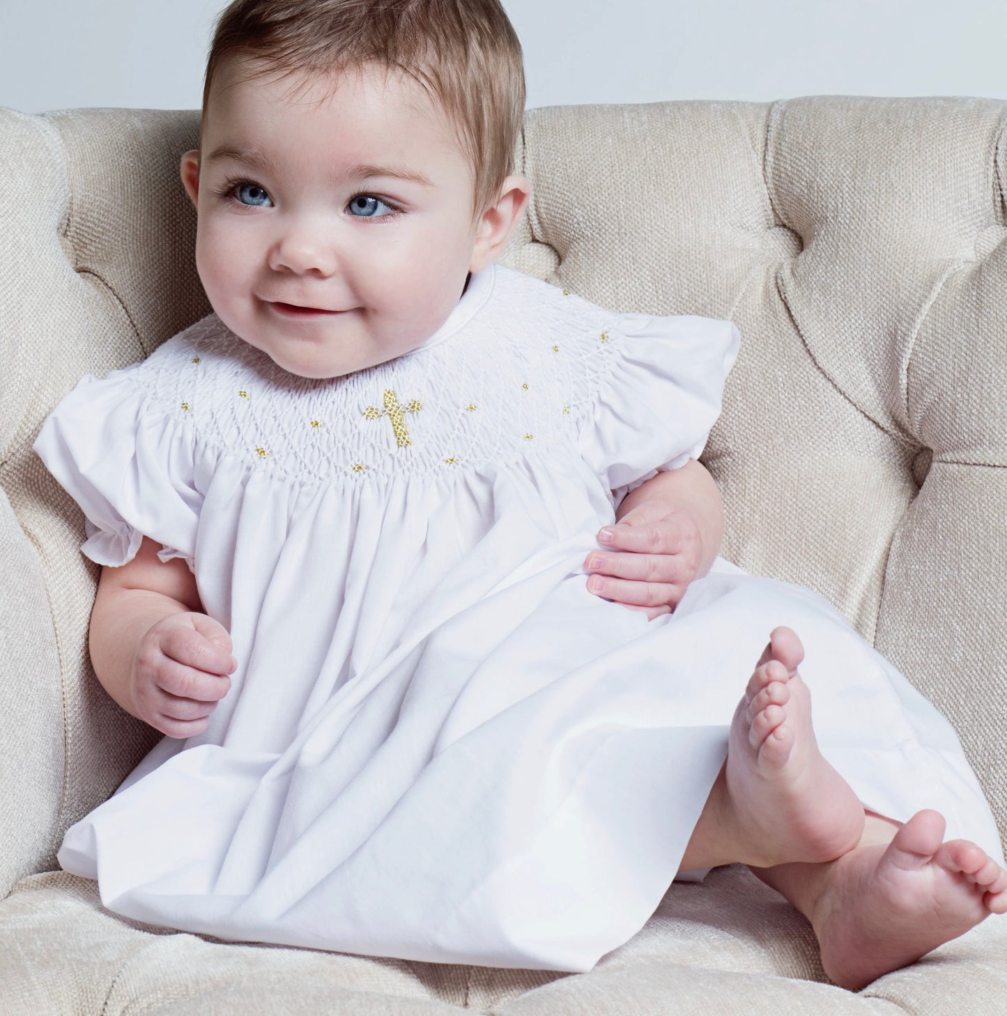 Baby Girls Christening & Baptism Smocked Gold Cross Bishop Dress with Bonnet