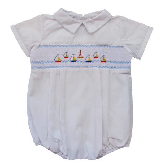 Hand Smocked Mini Sail Boats White Baby Boy Bubble Romper