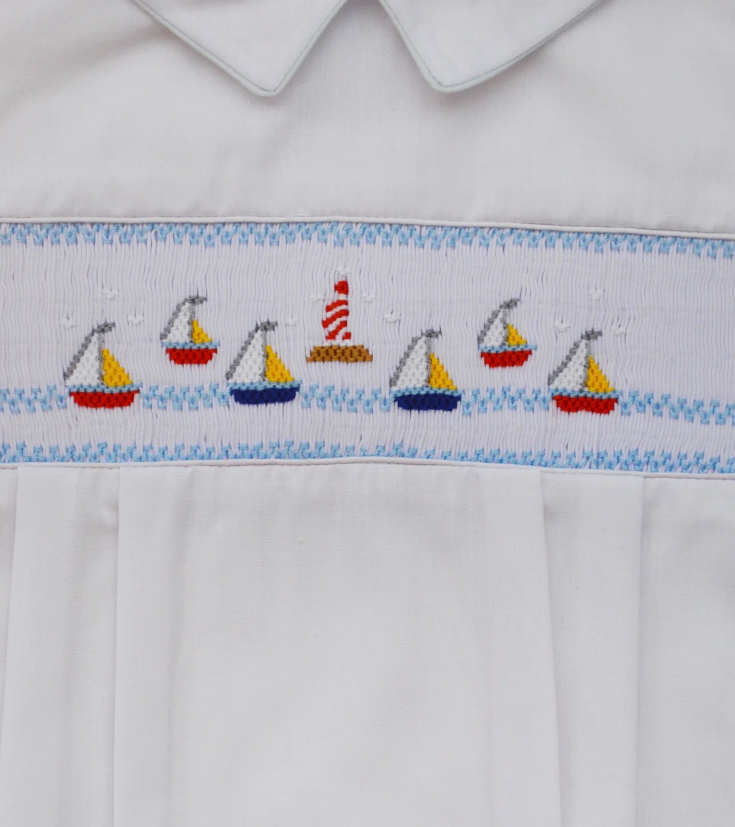 Hand Smocked Mini Sail Boats White Baby Boy Bubble Romper