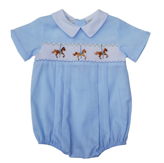 Hand Smocked Blue Baby Boy Bubble Romper