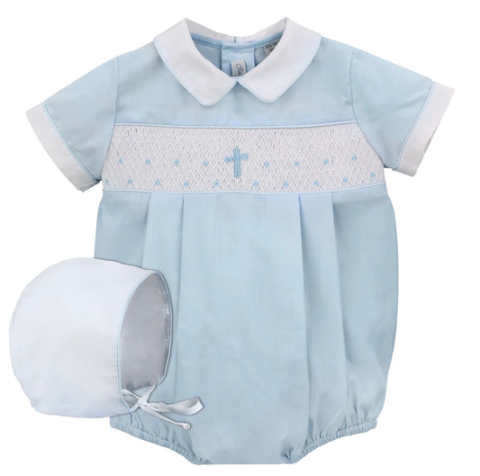 Blue Hand Smocked Cross Baby Boy Bubble Romper with Bonnet