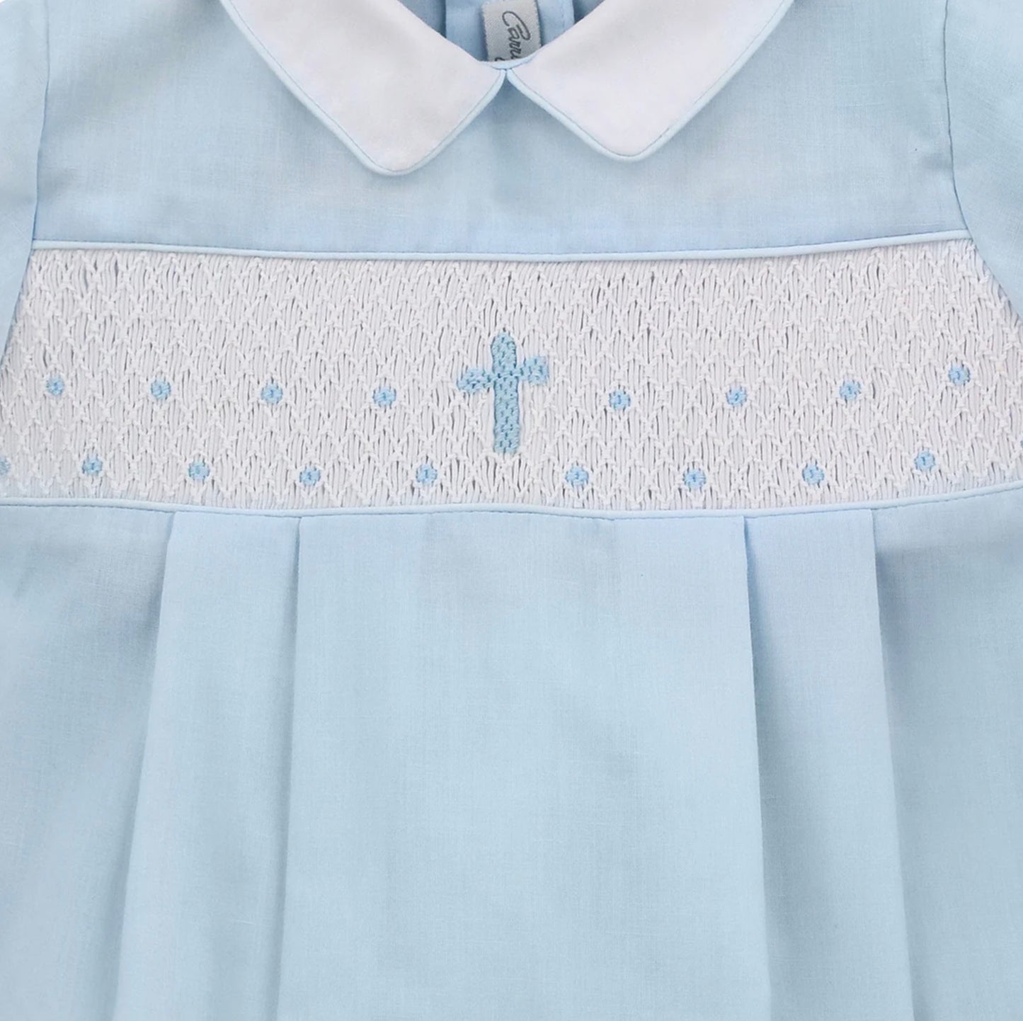 Blue Hand Smocked Cross Baby Boy Bubble Romper with Bonnet