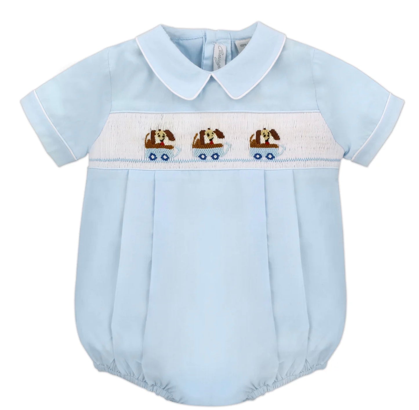 Hand Smocked Light Blue Dogs in Wagon Blue Baby Boy Bubble Romper